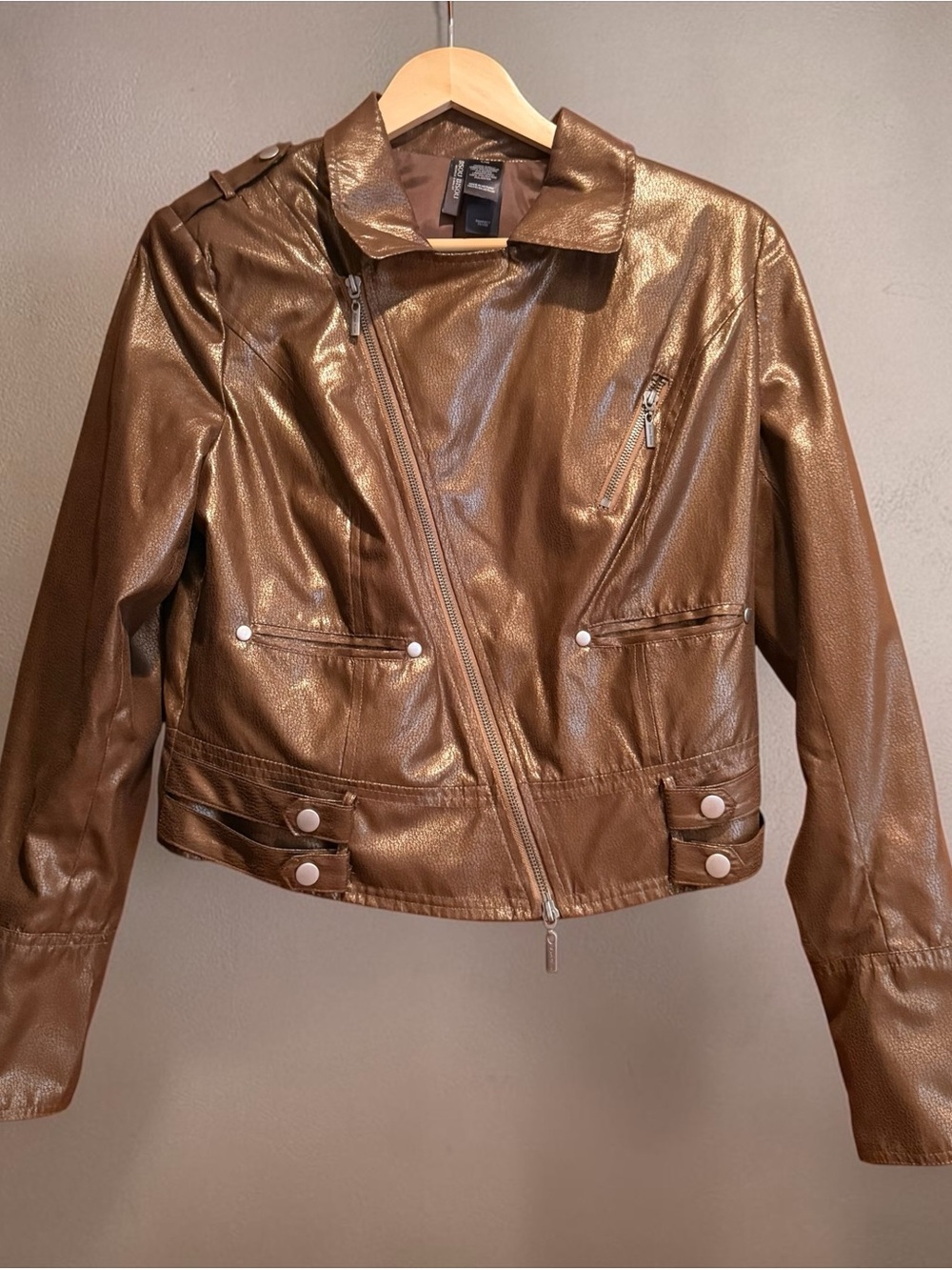 Bisou Bisou Metallic Bronze Moto Jacket Womens L Faux Leather Asym Zip Biker